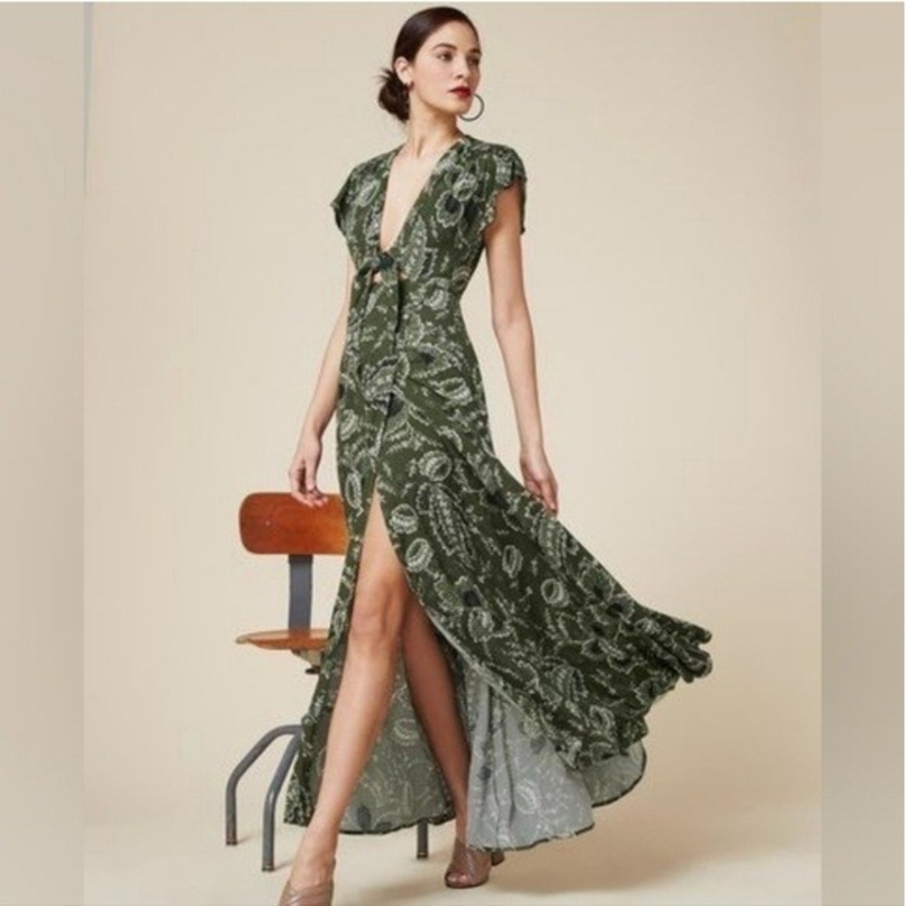 Reformation Orchid Maxi Dress Green Paisley Tie Front 2 xs euc floral wedding